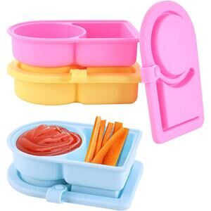 3 Pack Silicone Snack Containers with Lids, 2 Compartment Mini Bento Box